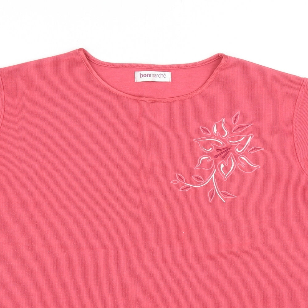 Bonmarché Womens Pink Polyester Basic T-Shirt Size L Round Neck - Flower Detail