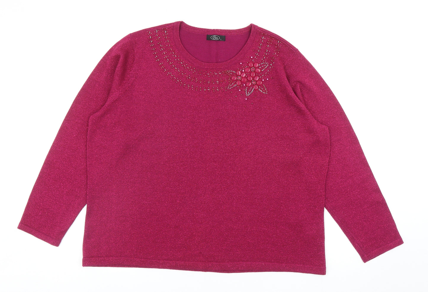 Bonmarché Womens Pink Round Neck Acrylic Pullover Jumper Size L - Flower Detail