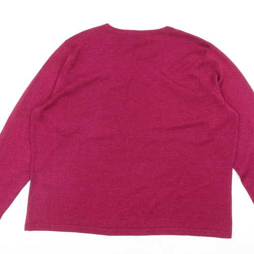 Bonmarché Womens Pink Round Neck Acrylic Pullover Jumper Size L - Flower Detail