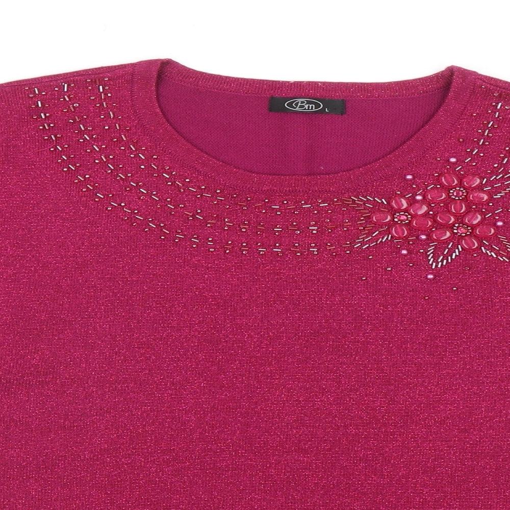 Bonmarché Womens Pink Round Neck Acrylic Pullover Jumper Size L - Flower Detail