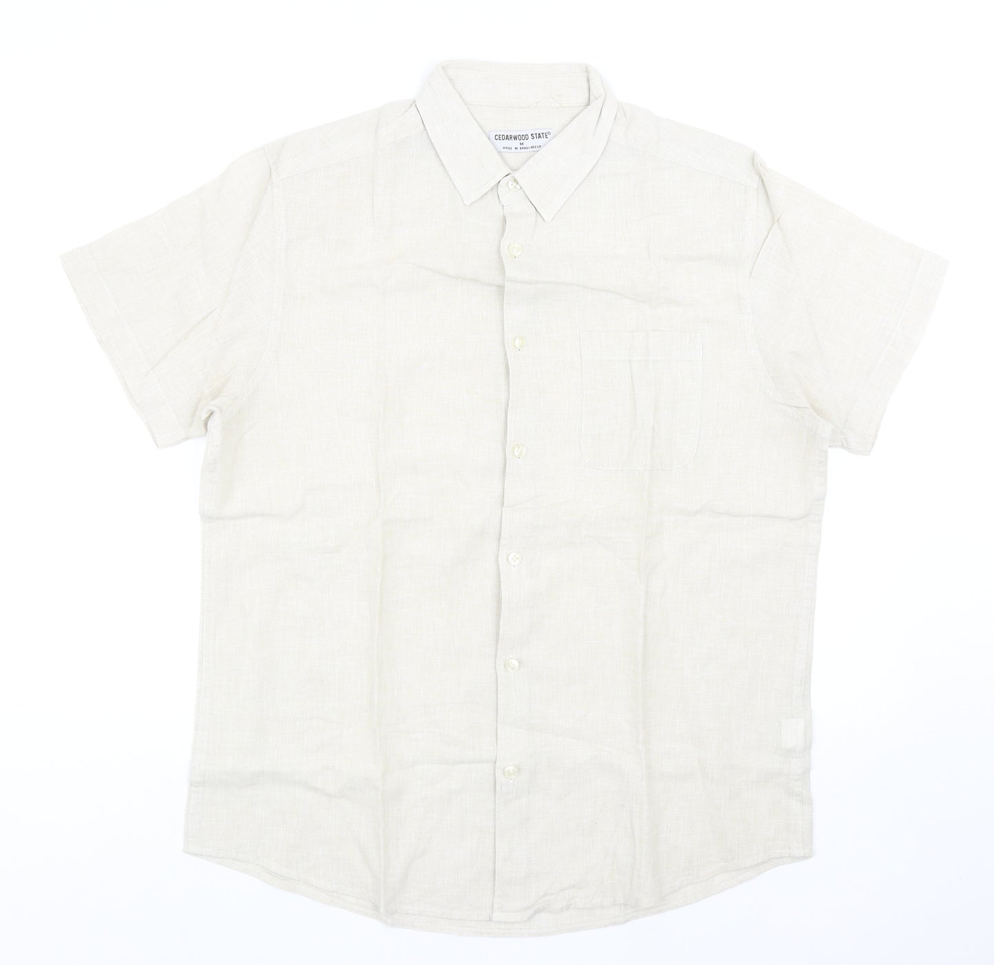 Cedar Wood State Mens Beige Linen Button-Up Size M Collared Button