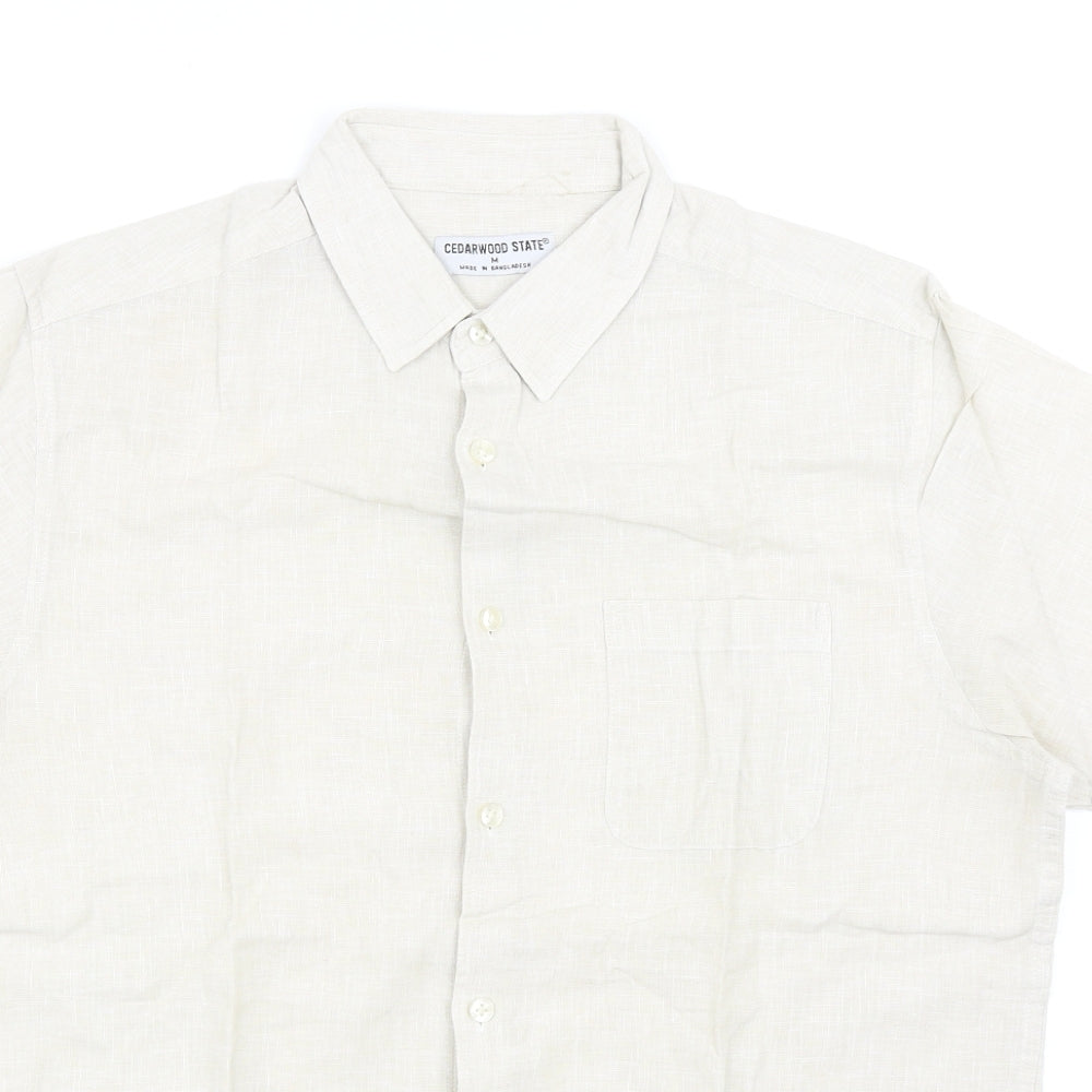 Cedar Wood State Mens Beige Linen Button-Up Size M Collared Button