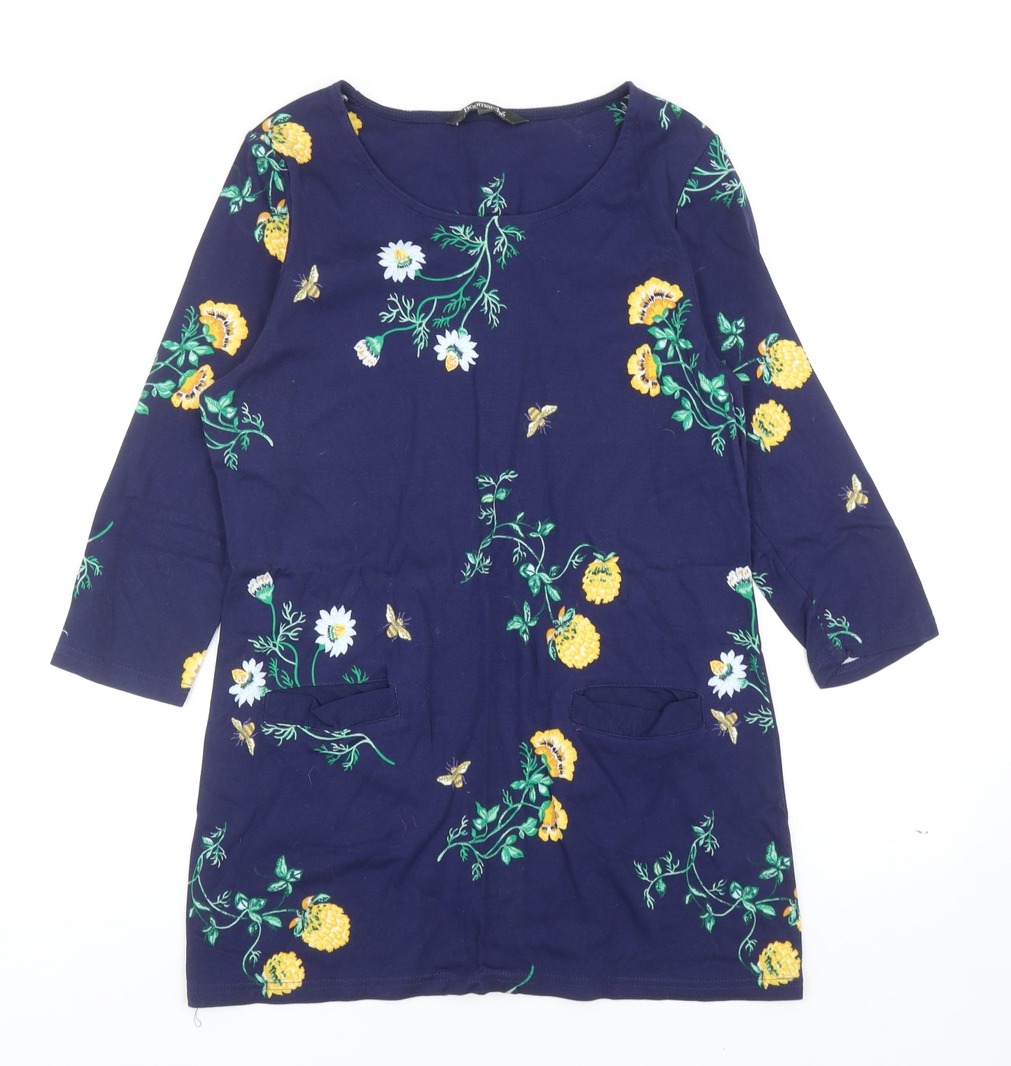 Bonmarché Womens Blue Geometric Cotton Tunic T-Shirt Size 14 Round Neck