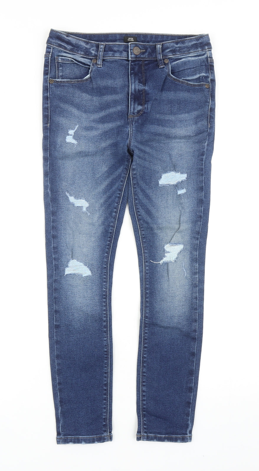 River Island Boys Blue Cotton Skinny Jeans Size 11 Years Regular Zip - Distressed