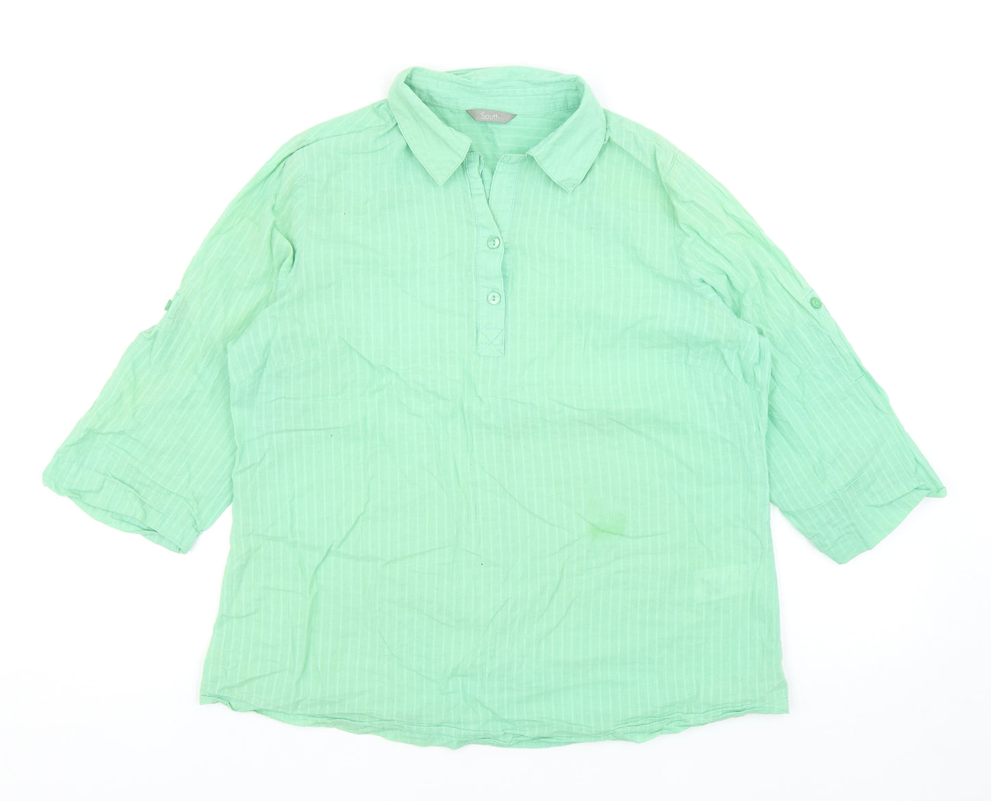 South Womens Green Striped Cotton Basic Blouse Size 14 V-Neck