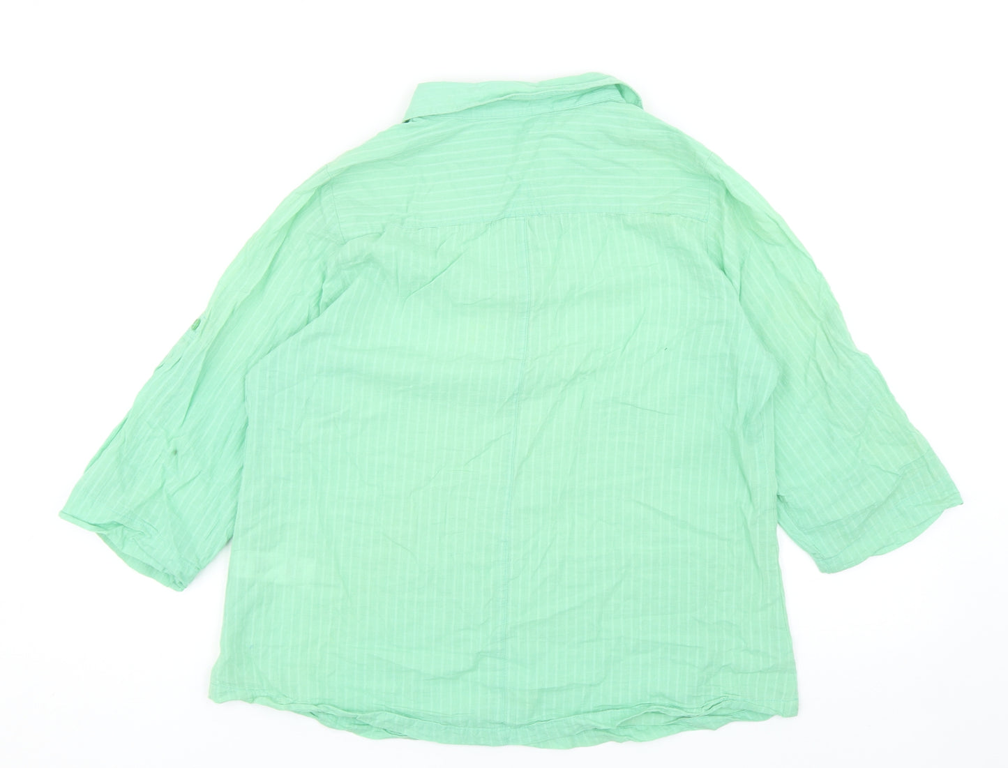 South Womens Green Striped Cotton Basic Blouse Size 14 V-Neck