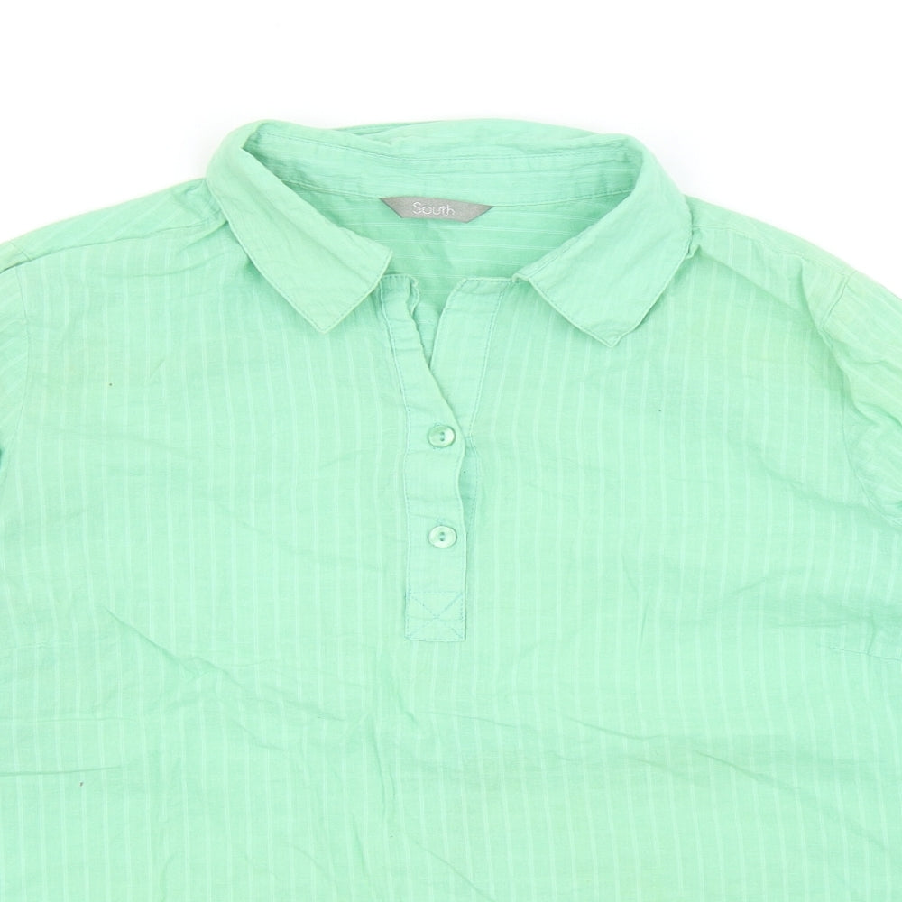 South Womens Green Striped Cotton Basic Blouse Size 14 V-Neck