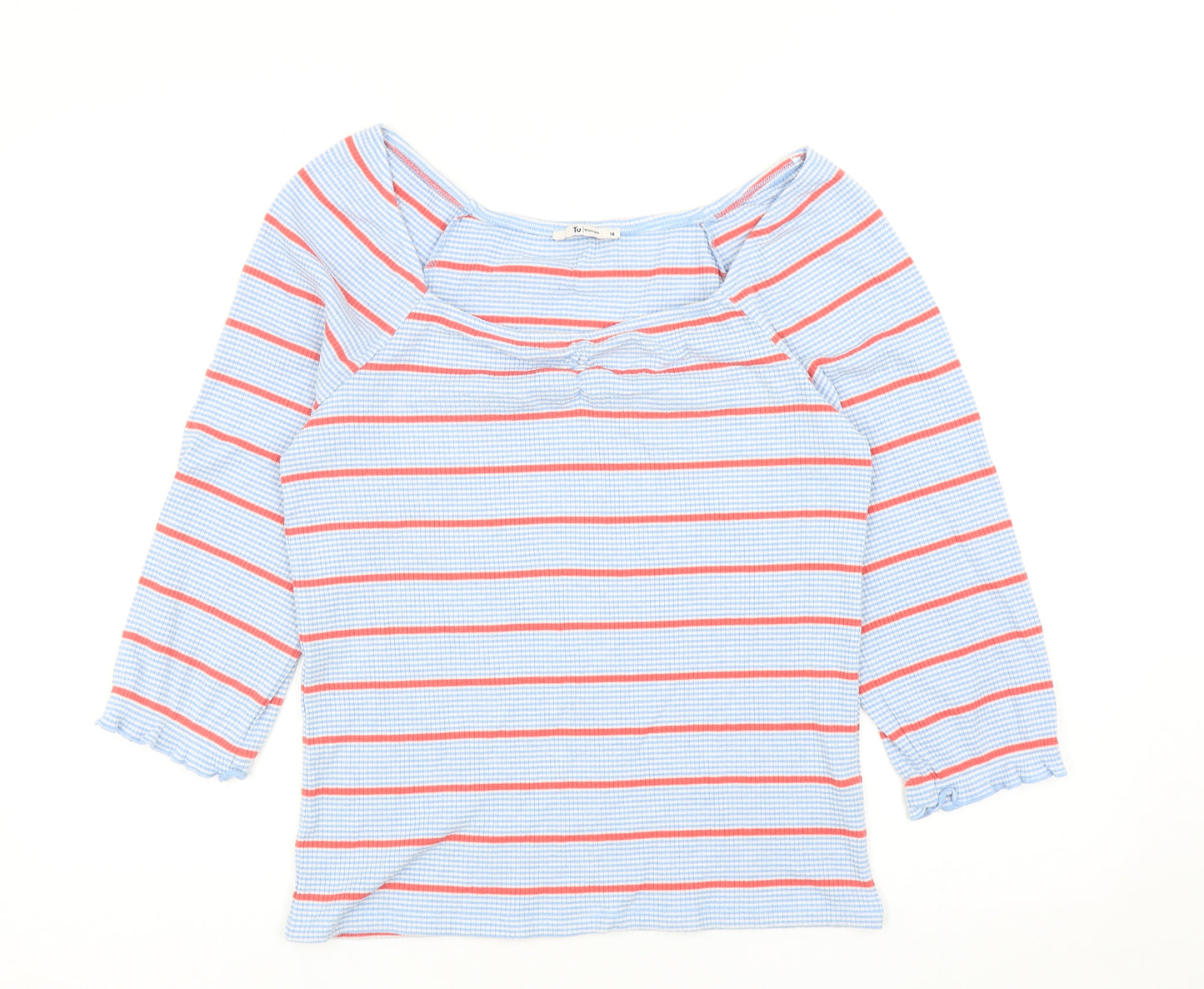 TU Womens Blue Striped Polyester Basic T-Shirt Size 14 Square Neck