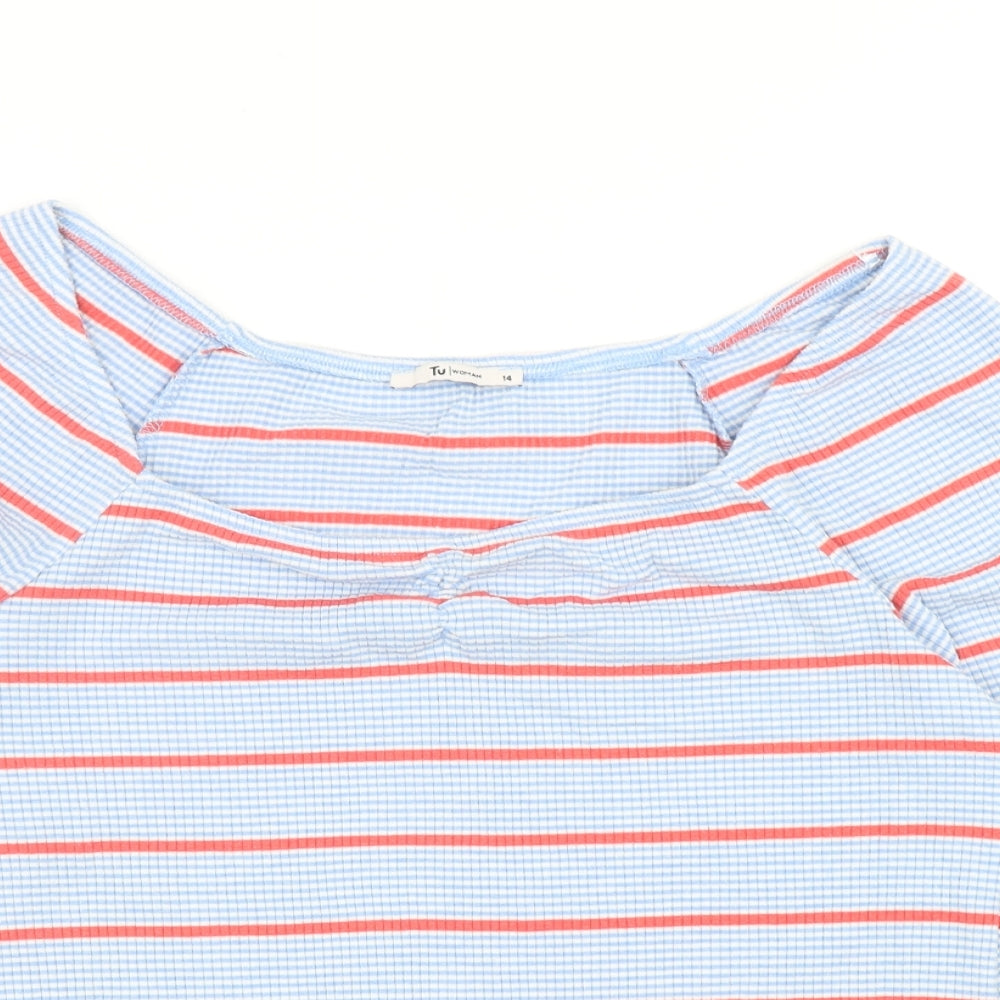 TU Womens Blue Striped Polyester Basic T-Shirt Size 14 Square Neck