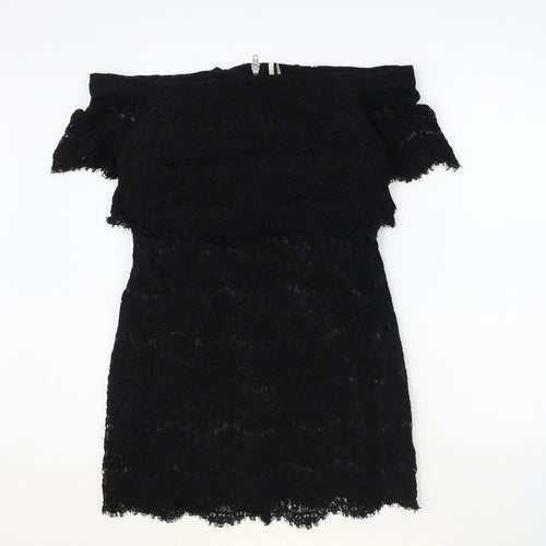 Topshop Womens Black Cotton Mini Size 10 Off the Shoulder Zip