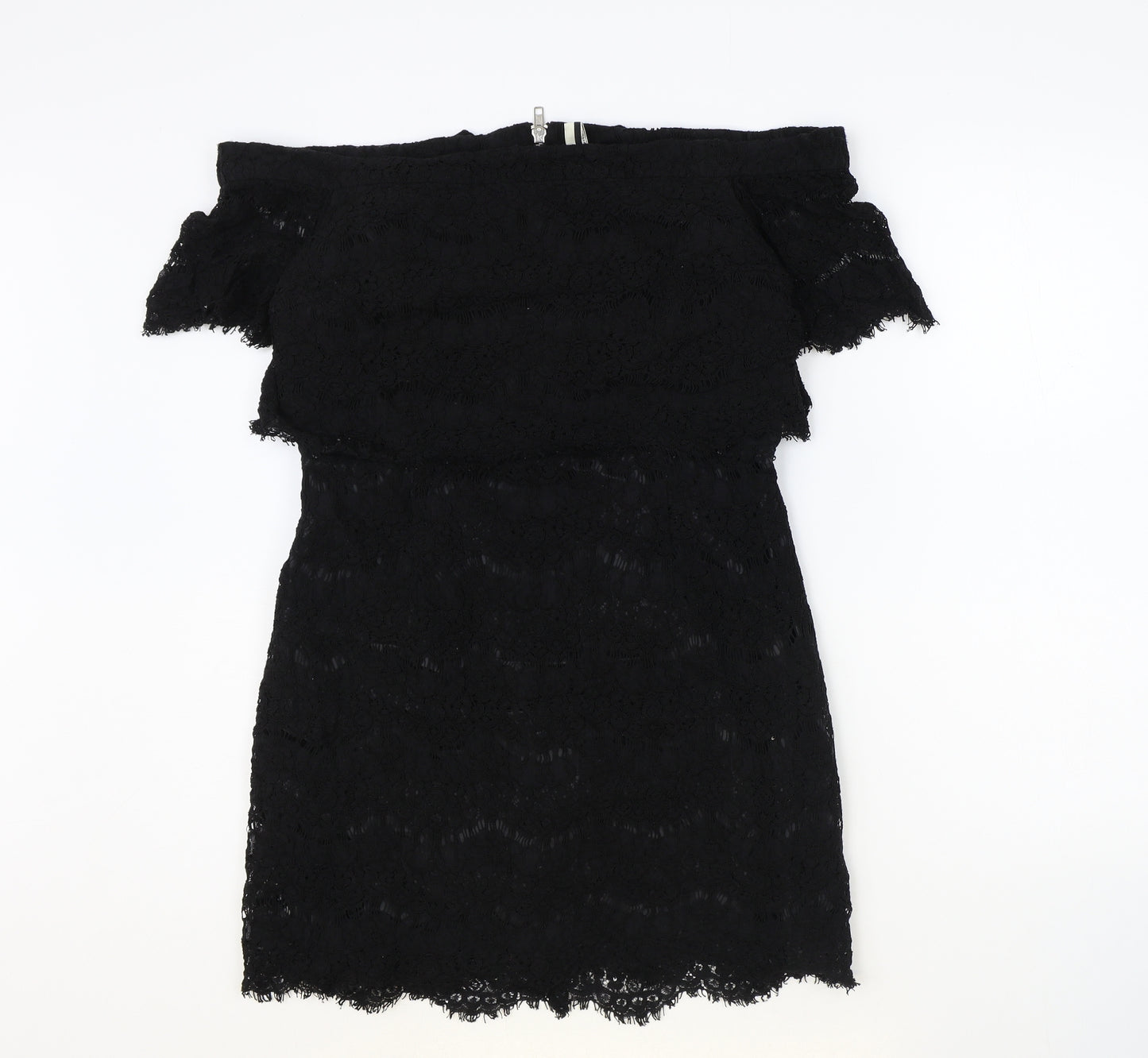 Topshop Womens Black Cotton Mini Size 10 Off the Shoulder Zip