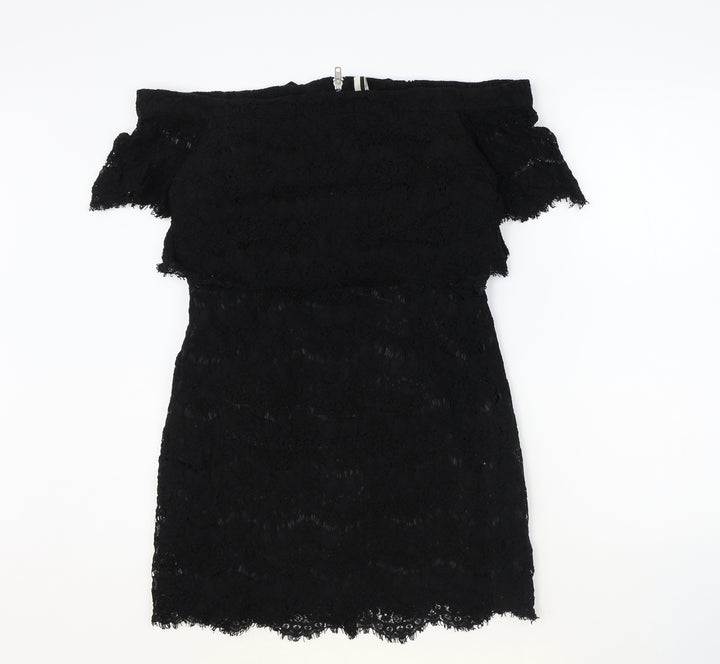 Topshop Womens Black Cotton Mini Size 10 Off the Shoulder Zip