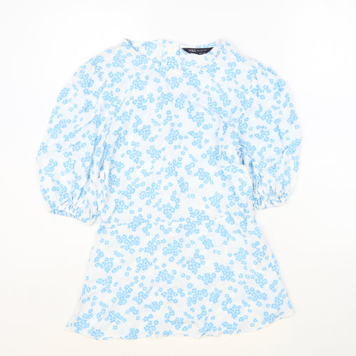 Marks and Spencer Womens Blue Floral Polyester Basic Blouse Size 8 Round Neck