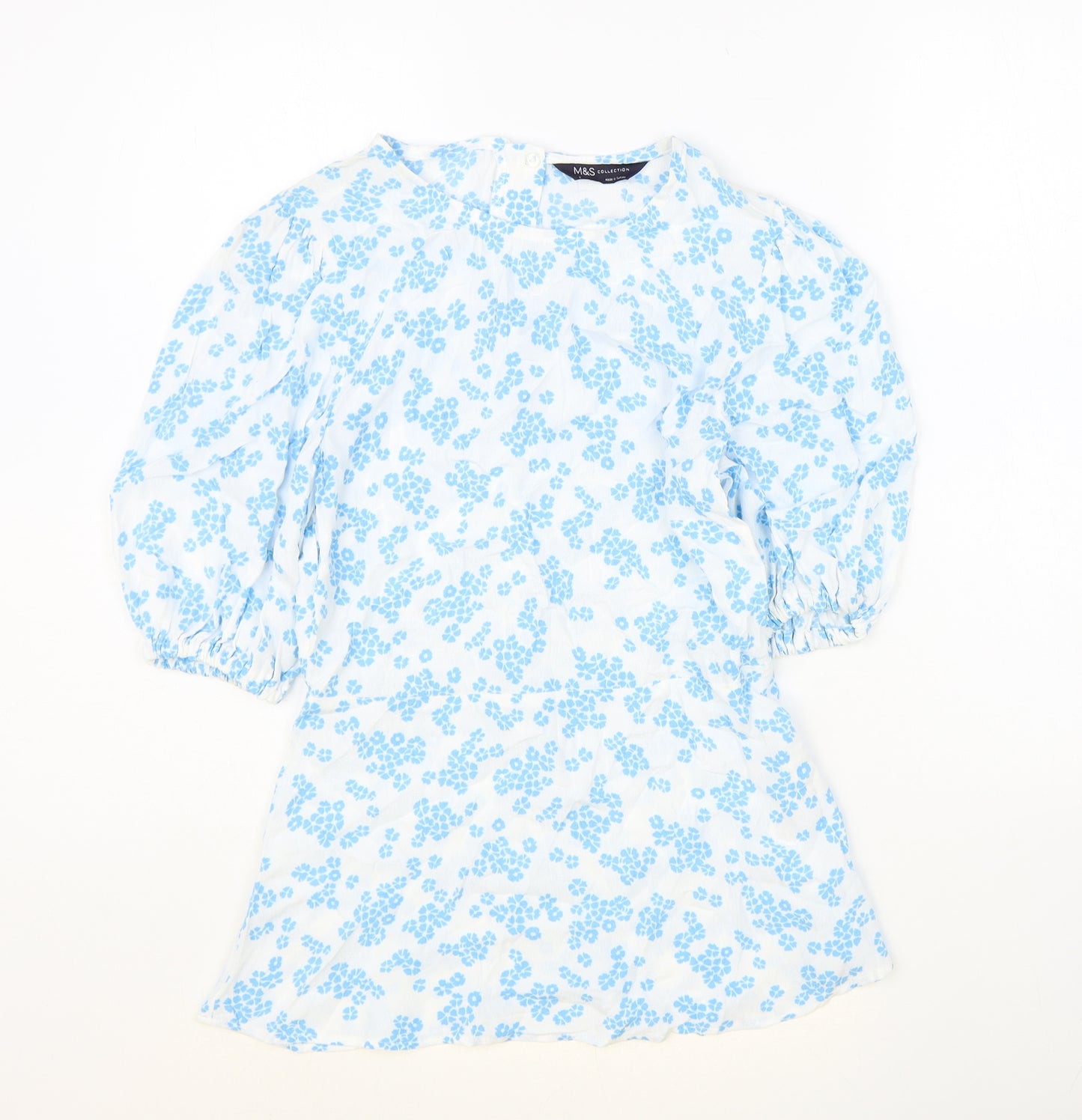 Marks and Spencer Womens Blue Floral Polyester Basic Blouse Size 8 Round Neck