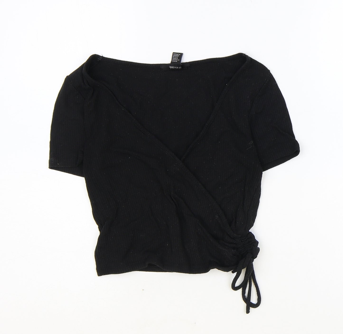 FOREVER 21 Womens Black Polyester Cropped T-Shirt Size M V-Neck