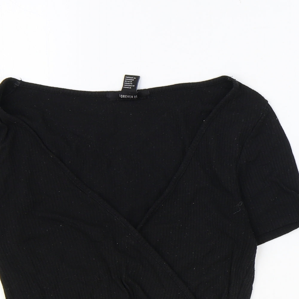 FOREVER 21 Womens Black Polyester Cropped T-Shirt Size M V-Neck