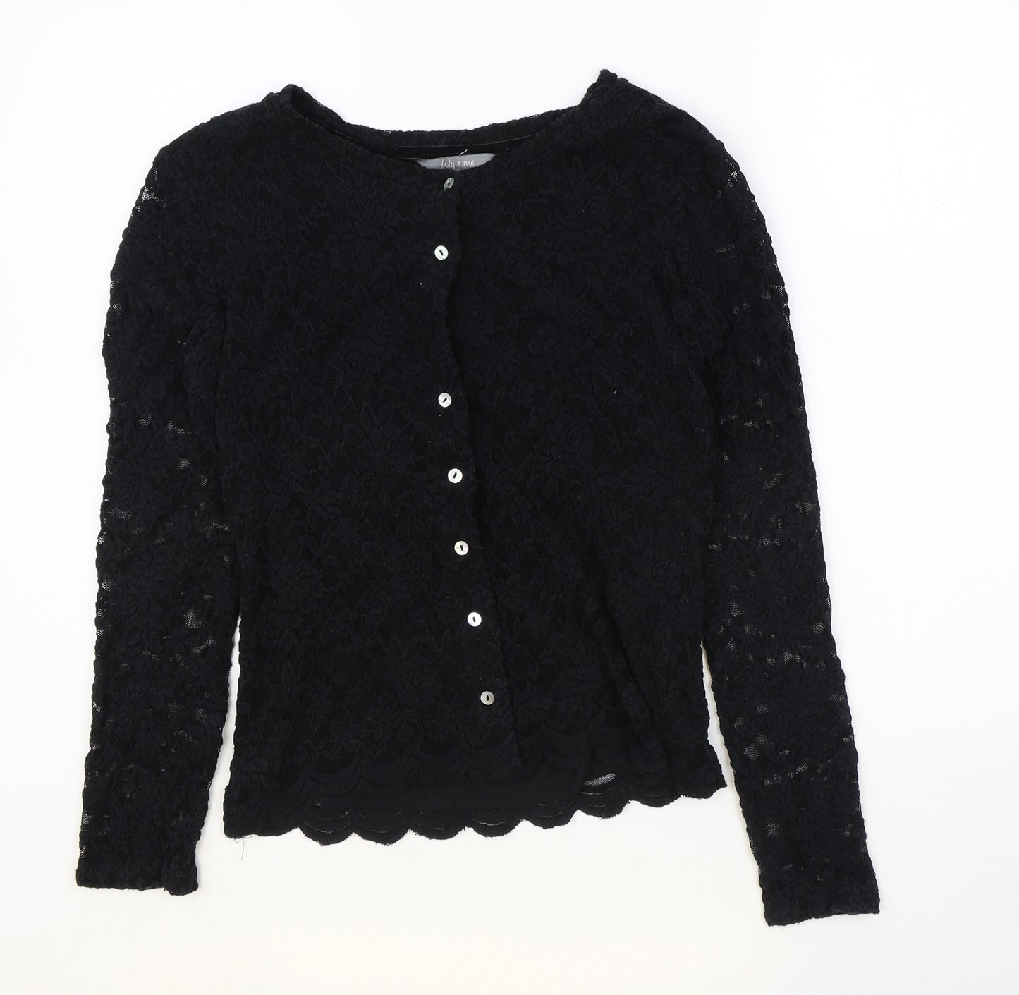 Lily & Me Womens Black Floral Cotton Basic Button-Up Size 10 Round Neck