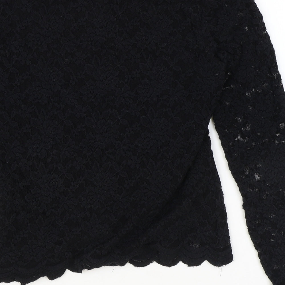 Lily & Me Womens Black Floral Cotton Basic Button-Up Size 10 Round Neck