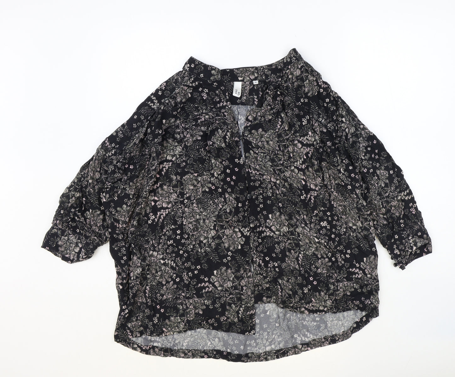 And/Or Womens Black Floral Viscose Basic Blouse Size 8 V-Neck
