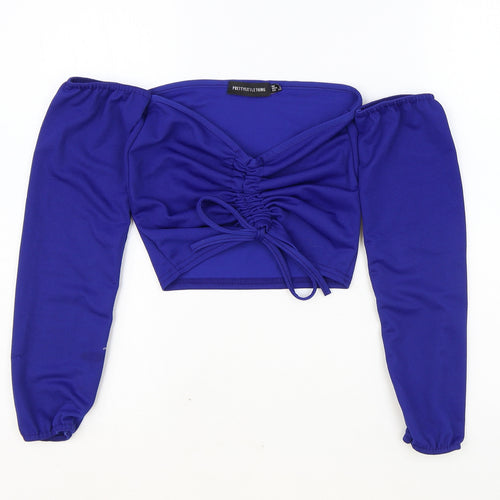PRETTYLITTLETHING Womens Blue Polyester Cropped Blouse Size 8 V-Neck