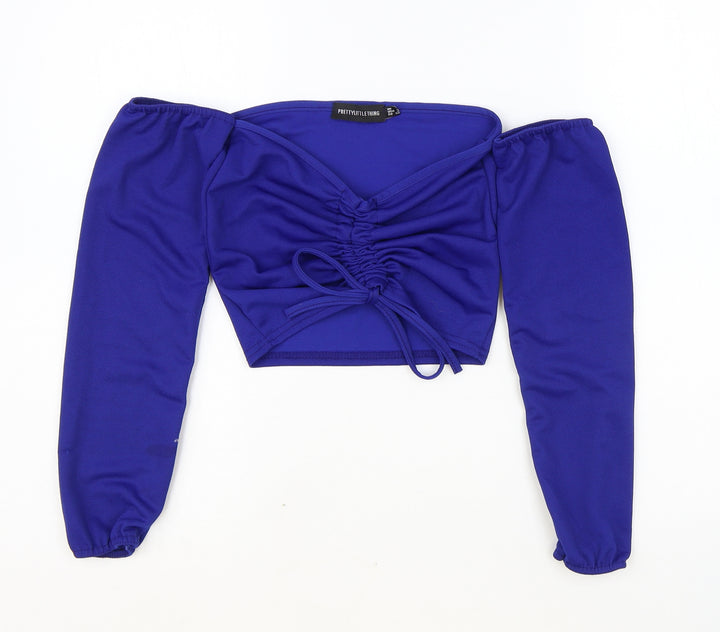 PRETTYLITTLETHING Womens Blue Polyester Cropped Blouse Size 8 V-Neck