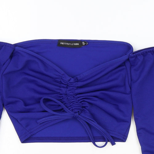 PRETTYLITTLETHING Womens Blue Polyester Cropped Blouse Size 8 V-Neck
