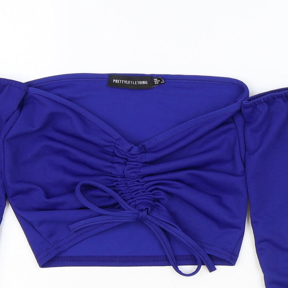 PRETTYLITTLETHING Womens Blue Polyester Cropped Blouse Size 8 V-Neck