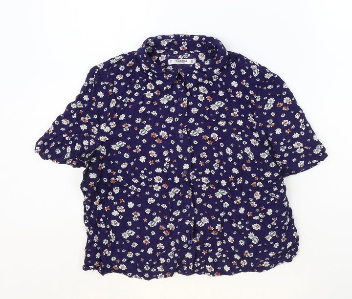 Pull&Bear Womens Blue Floral Viscose Basic Button-Up Size M Collared