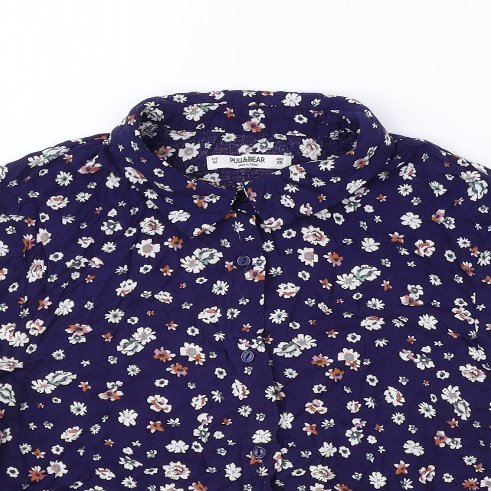 Pull&Bear Womens Blue Floral Viscose Basic Button-Up Size M Collared