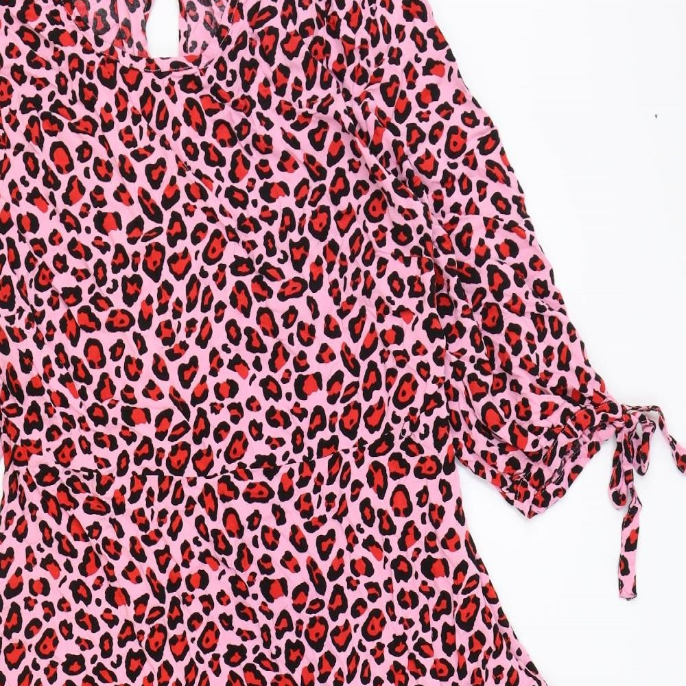 George Womens Pink Animal Print Viscose Fit & Flare Size 16 Round Neck Zip - Leopard Print