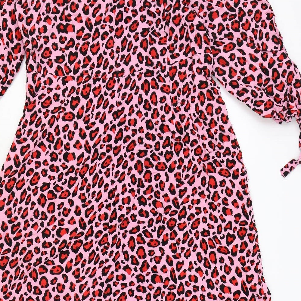 George Womens Pink Animal Print Viscose Fit & Flare Size 16 Round Neck Zip - Leopard Print