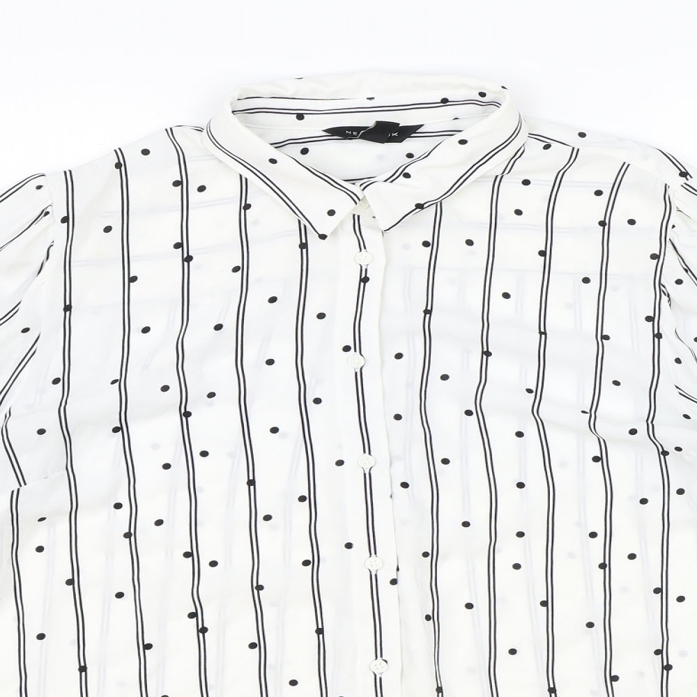 New Look Womens White Geometric Polyester Basic Button-Up Size 16 V-Neck