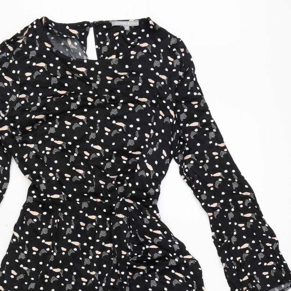 Oliver Bonas Womens Black Geometric Viscose Fit & Flare Size 8 Round Neck Zip