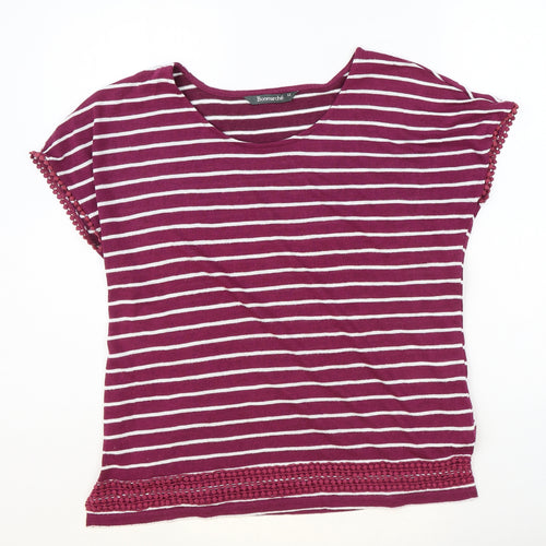 Bonmarché Womens Purple Striped Polyester Basic T-Shirt Size 12 Round Neck