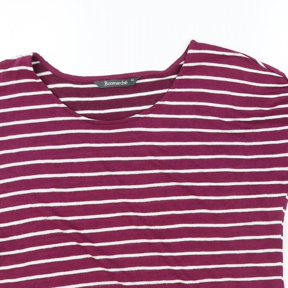 Bonmarché Womens Purple Striped Polyester Basic T-Shirt Size 12 Round Neck