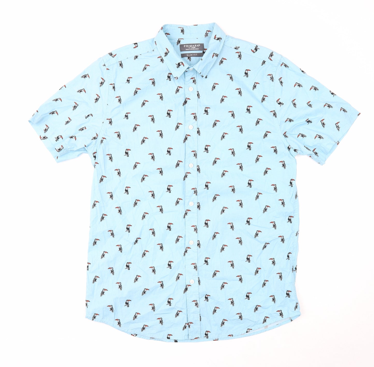 Primark Mens Blue Geometric Cotton Button-Up Size XL Collared Button