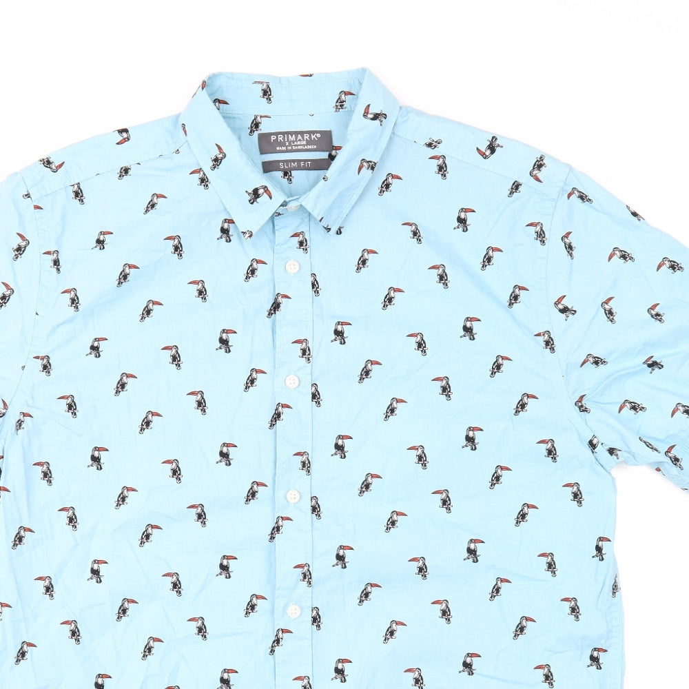 Primark Mens Blue Geometric Cotton Button-Up Size XL Collared Button