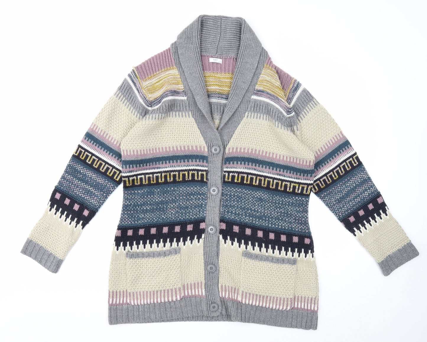 Cotton Traders Womens Multicoloured Collared Geometric Acrylic Cardigan Jumper Size 18