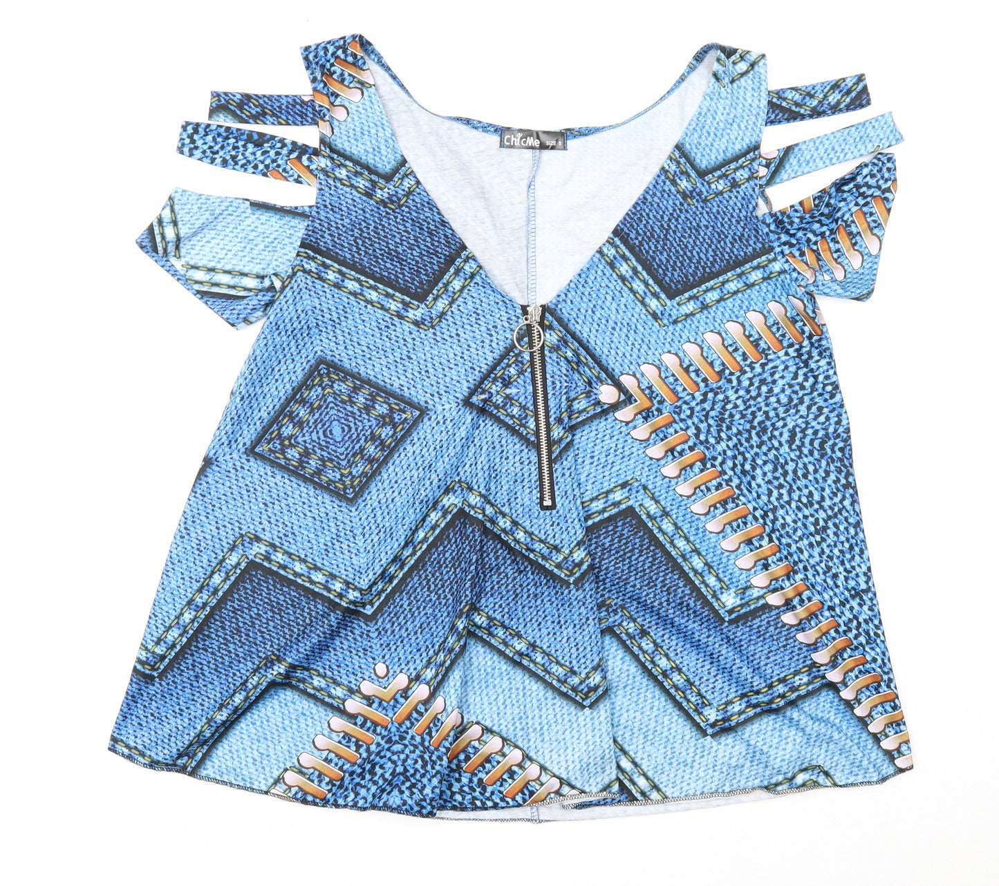 Chic Me Womens Blue Geometric Polyester Basic T-Shirt Size S V-Neck - Cold Shoulder