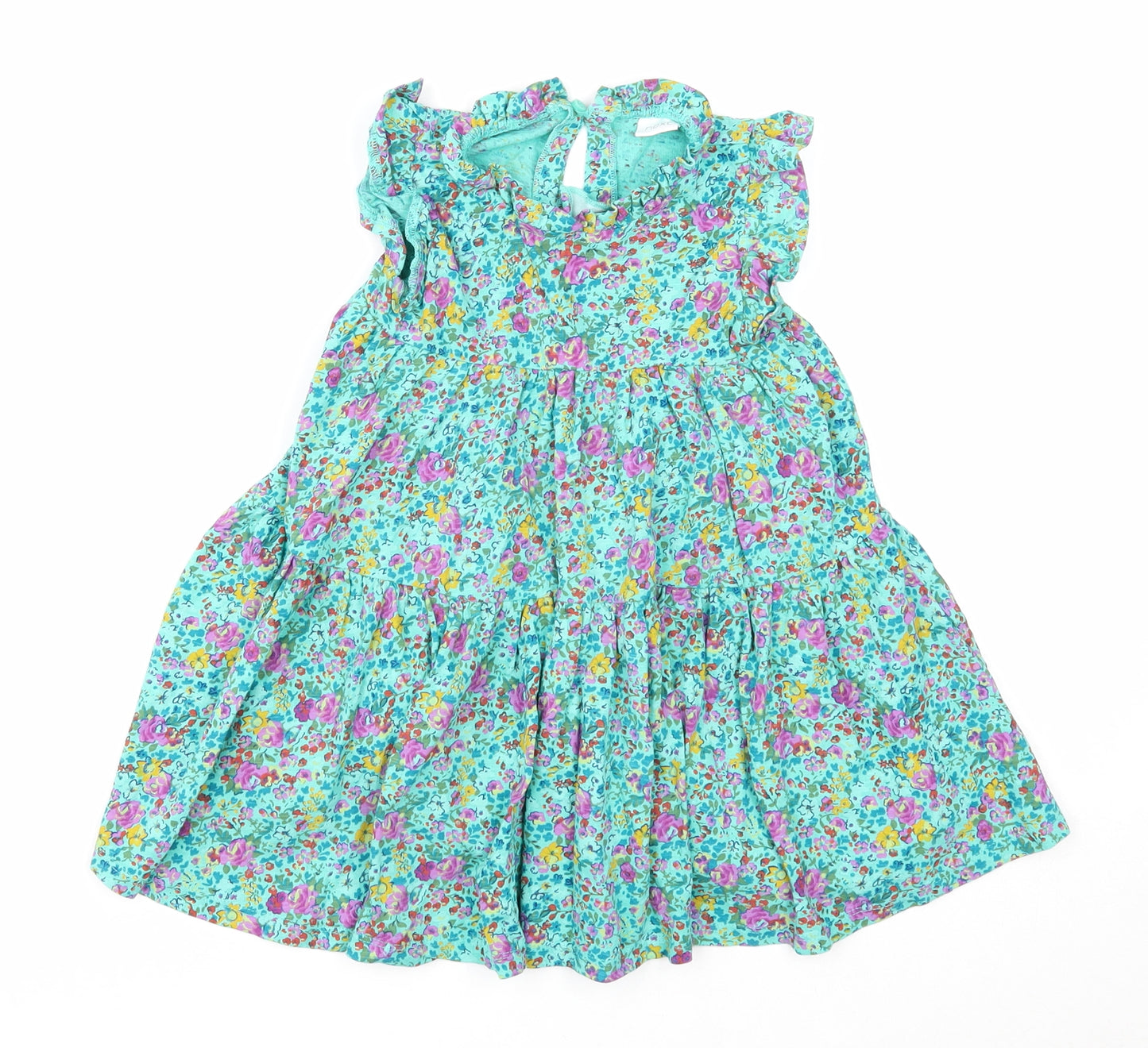 NEXT Girls Green Floral Cotton Skater Dress Size 24 Months Round Neck Button