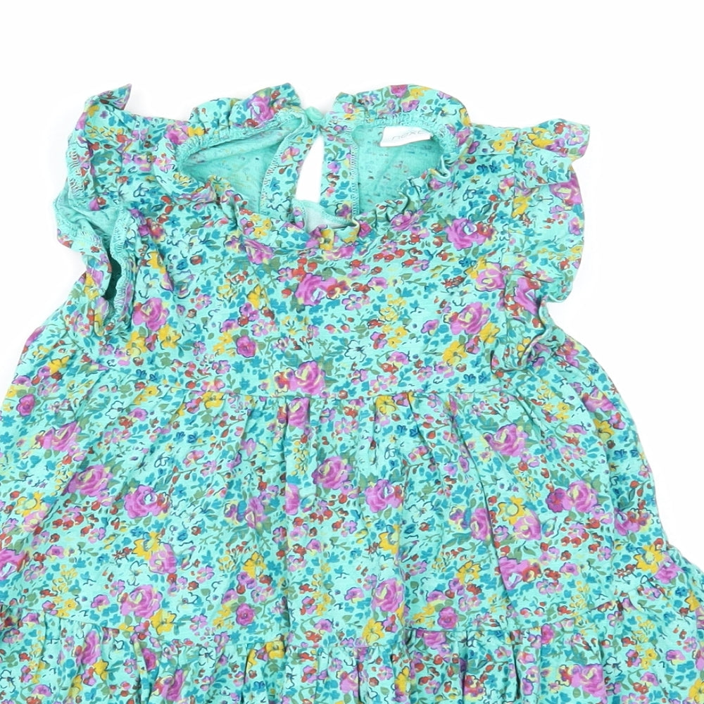 NEXT Girls Green Floral Cotton Skater Dress Size 24 Months Round Neck Button