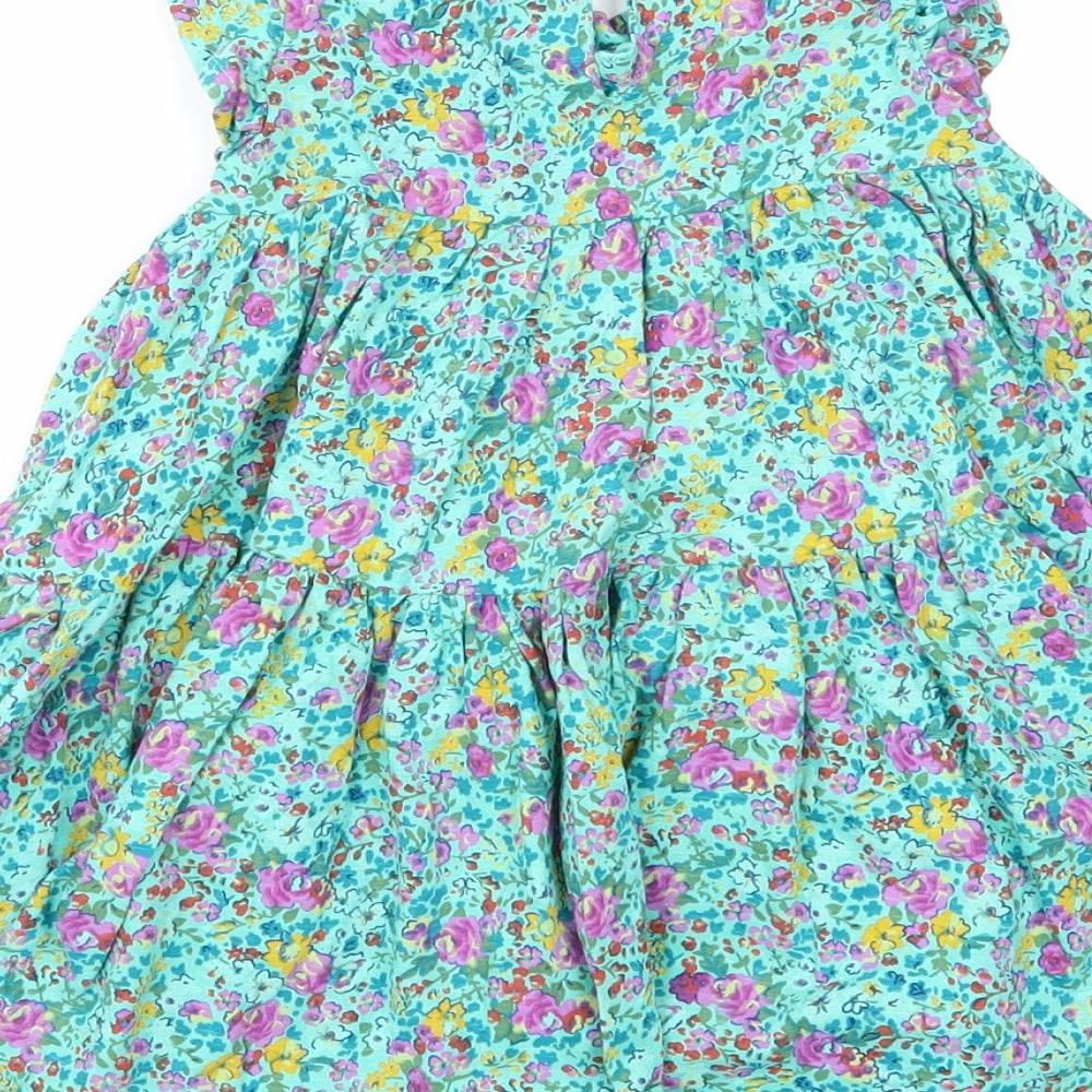 NEXT Girls Green Floral Cotton Skater Dress Size 24 Months Round Neck Button