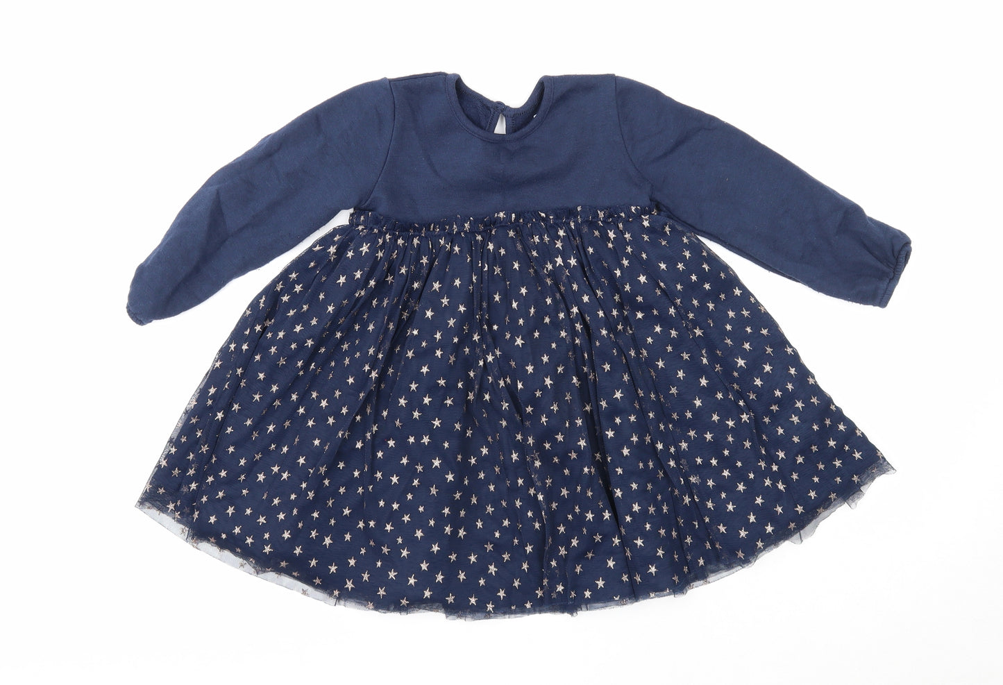 F&F Girls Blue Cotton Skater Dress Size 18-24 Months Round Neck Button - Star