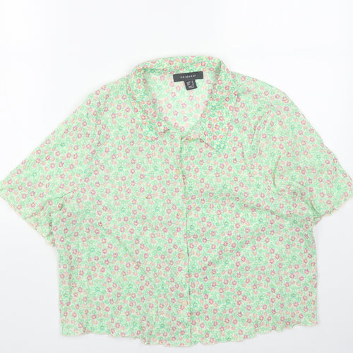 Primark Womens Green Floral Polyester Cropped Button-Up Size 14 Collared
