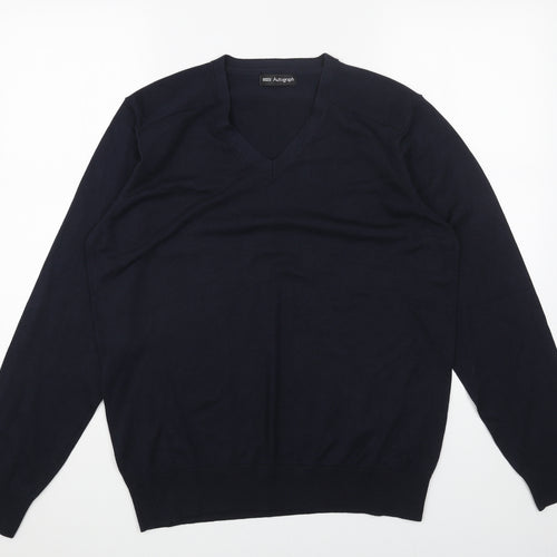 Marks and Spencer Mens Blue V-Neck Cotton Pullover Jumper Size L