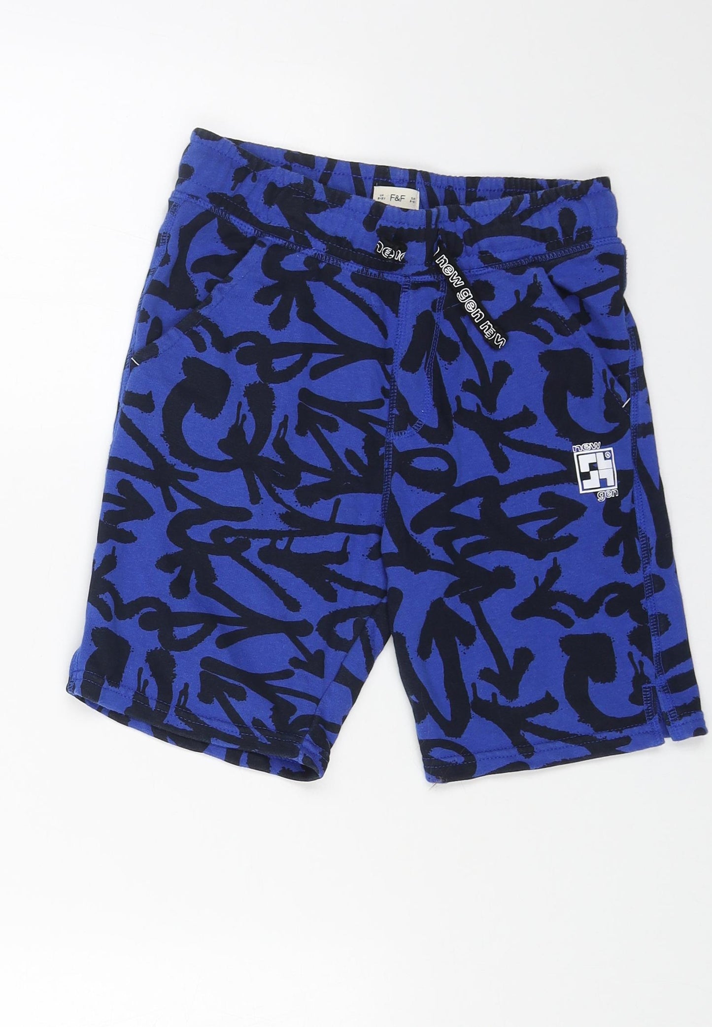 F&F Boys Blue Geometric Cotton Sweat Shorts Size 8-9 Years L6 in Regular Drawstring