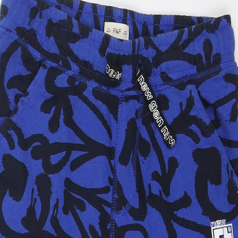 F&F Boys Blue Geometric Cotton Sweat Shorts Size 8-9 Years L6 in Regular Drawstring
