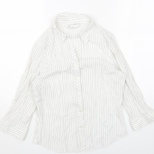 BHS Womens White Striped Polyester Basic Button-Up Size 12 Collared