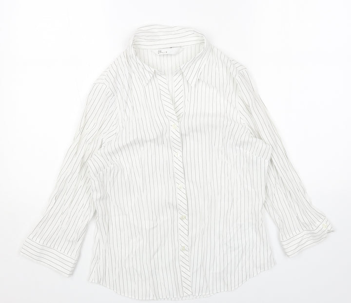 BHS Womens White Striped Polyester Basic Button-Up Size 12 Collared