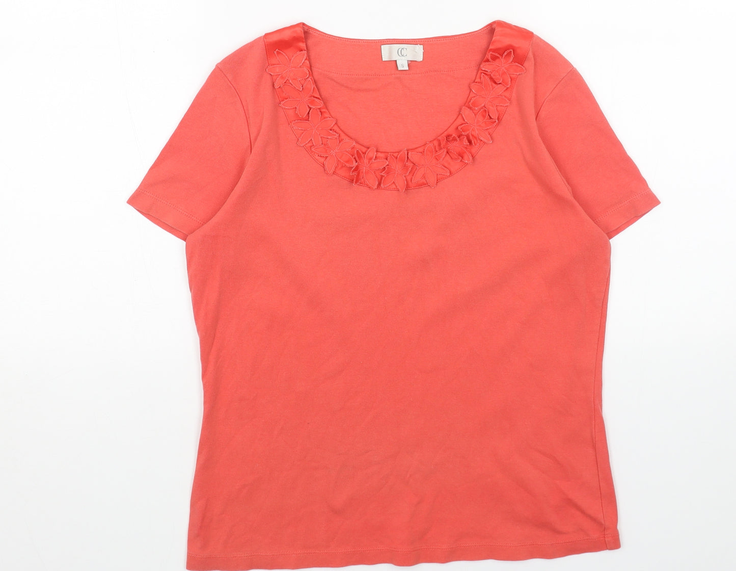 CC Womens Orange Cotton Basic T-Shirt Size S Round Neck - Flower Detail